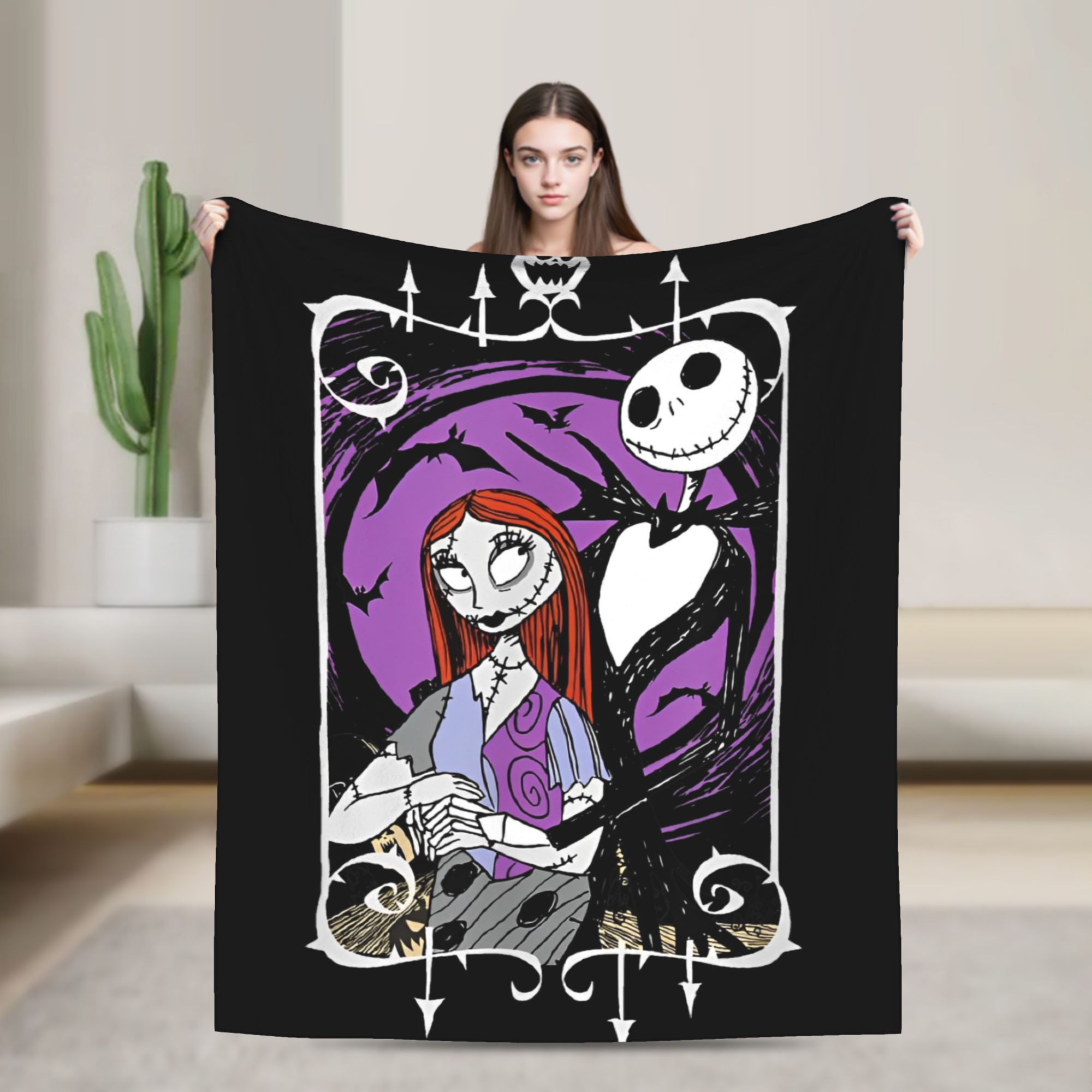 Christmas Throw Blanket - ผ้าห่มถักลายแจ็คและแซลลี่จากเรื่องฝันร้ายก่อนวันคริสต์มาส ผ้าห่มฟลานเนลสำหรับตกแต่งห้องนอน โซฟา ผ้าคลุมเตียงอุ่นๆ