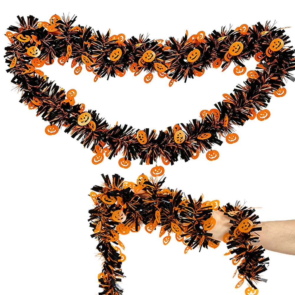 Tinsel Garland Decoration - พวงมาลัยประดับฮาโลวีนยาว 2 เมตร ลายฟักทอง สีม่วง ค้างคาว
