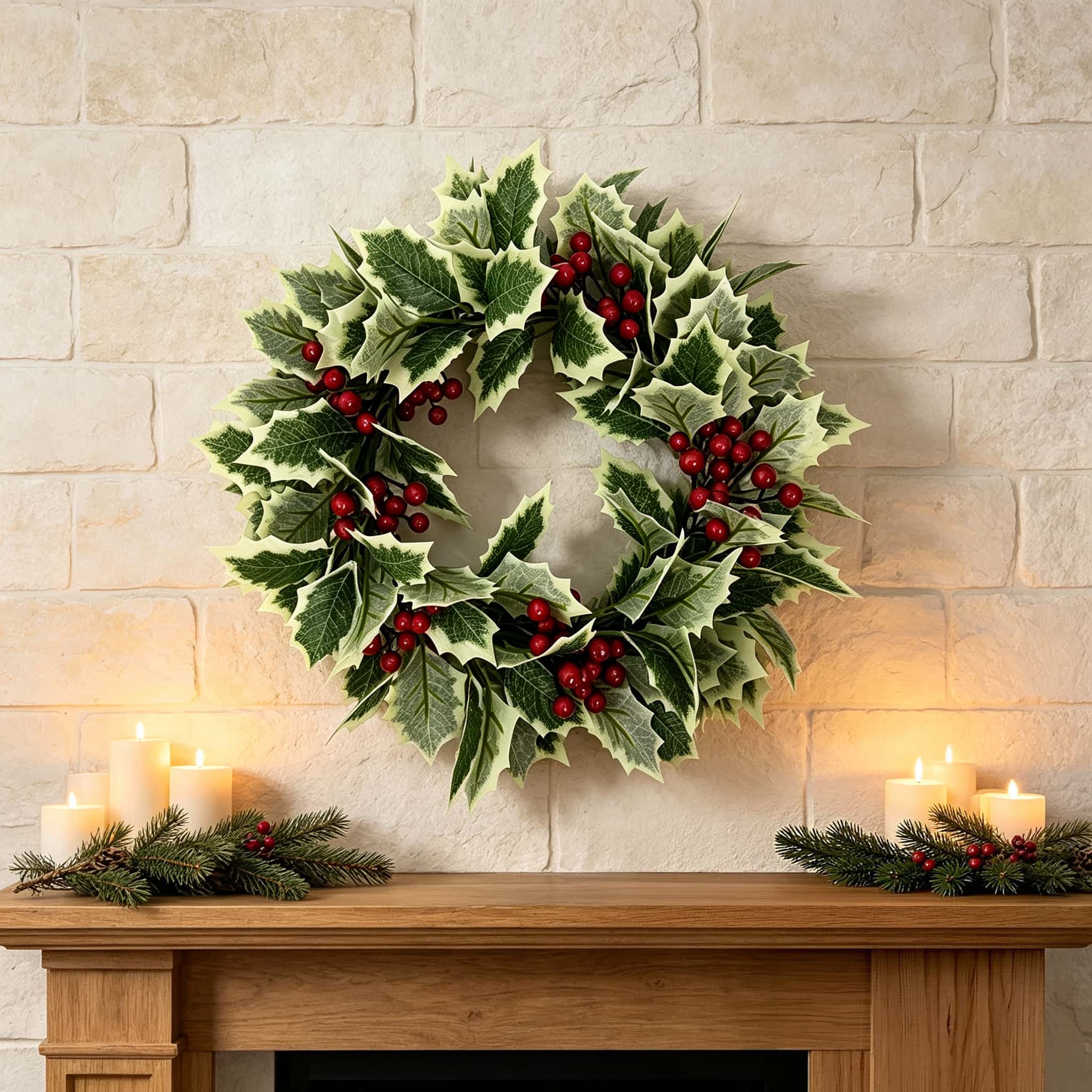 Christmas Wreath Fake - พวงหรีดฮอลลี่ประดิษฐ์สำหรับคริสต์มาส พร้อมผลเบอร์รี่สีแดงและใบไม้หลากสี สำหรับตกแต่งเตาผิง ชั้นวางของในบ้าน และตกแต่งคริสต์มาสภายในบ้าน