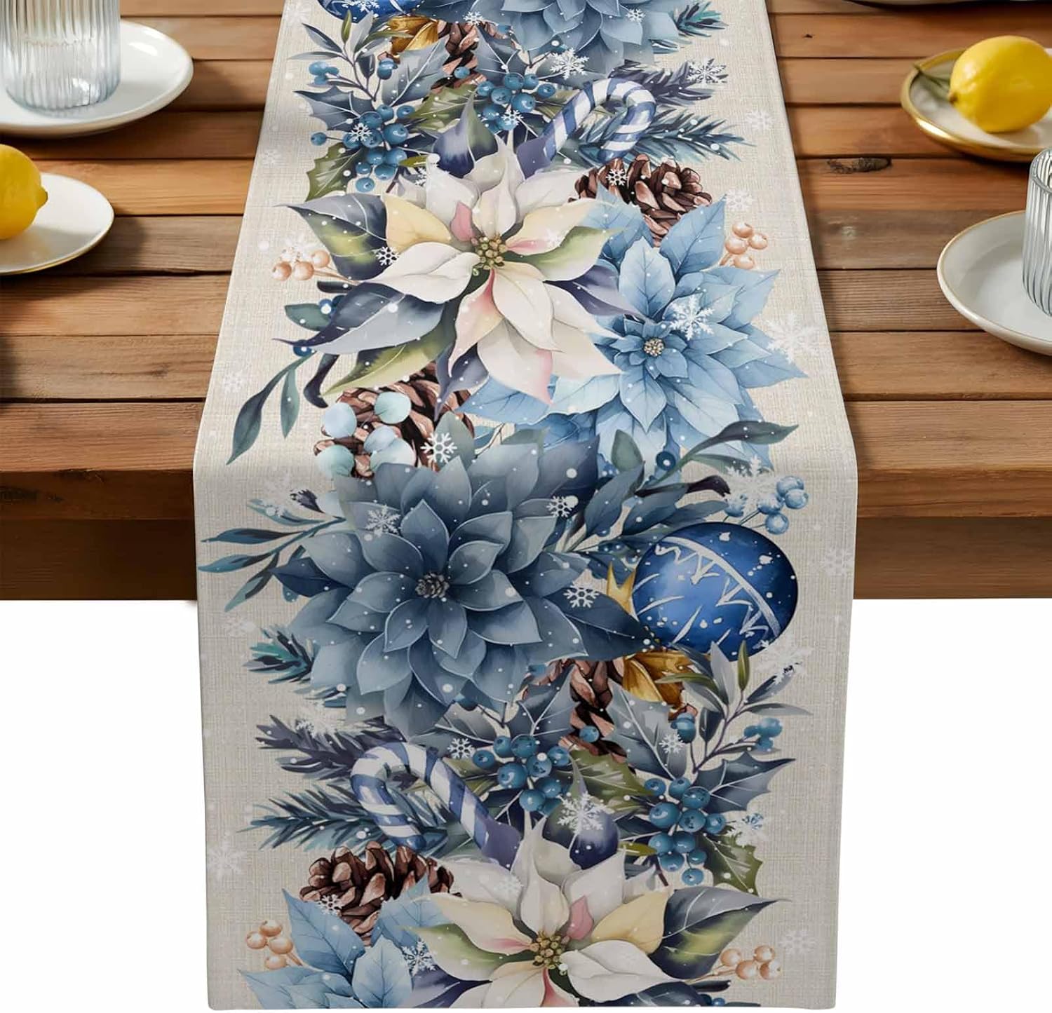 Christmas Table Runner - ผ้าปูโต๊ะลายลูกบอลพอยน์เซตีย่าสีน้ำเงินคริสต์มาส ผ้าลินิน ตกแต่งงานปาร์ตี้ ฤดูหนาว คริสต์มาส ผ้าปูโต๊ะสำหรับห้องครัวและห้องรับประทานอาหาร