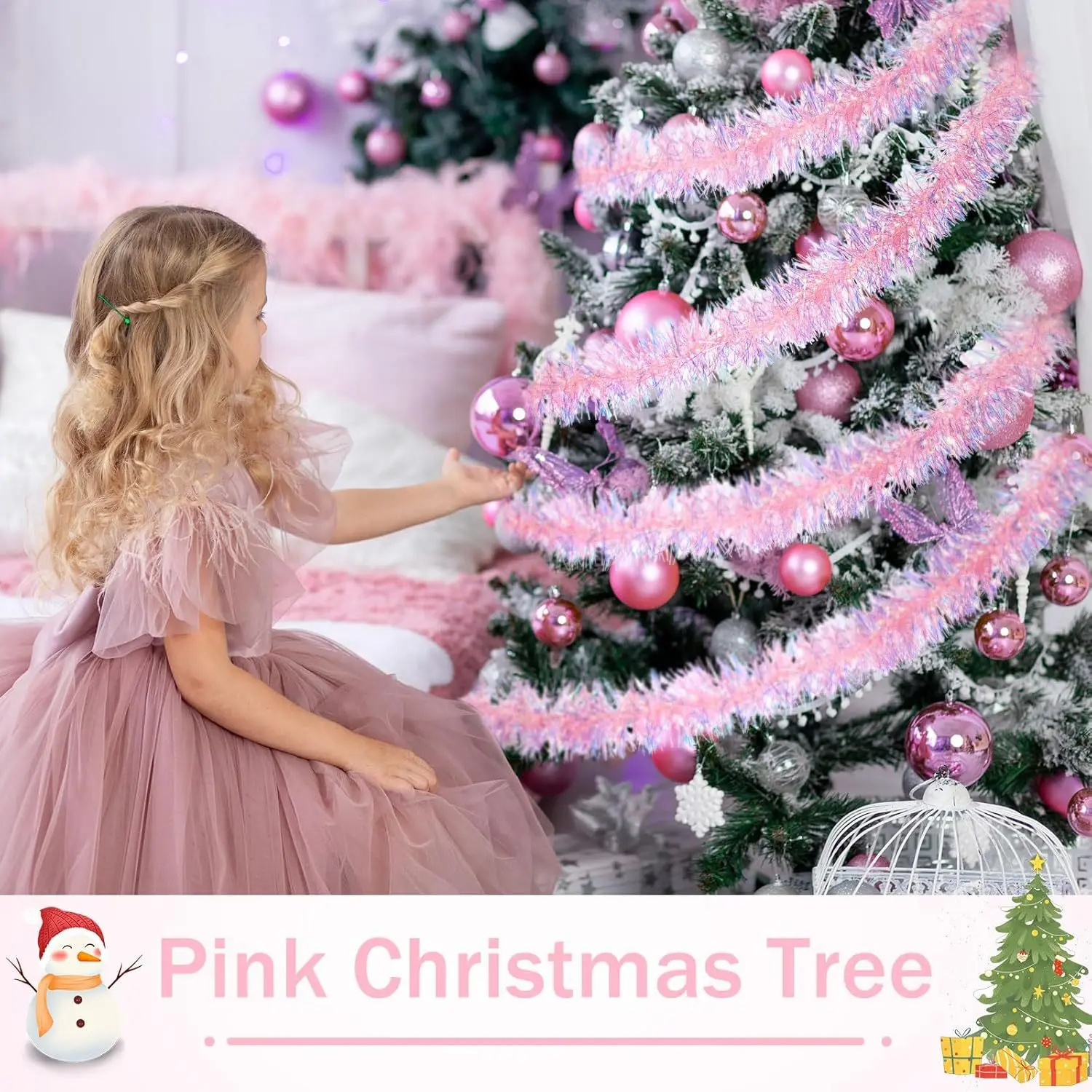 พวงมาลัยประกายกลิตเตอร์สีชมพู  - Tinsel Garland Decoration บทวิจารณ์และราคา